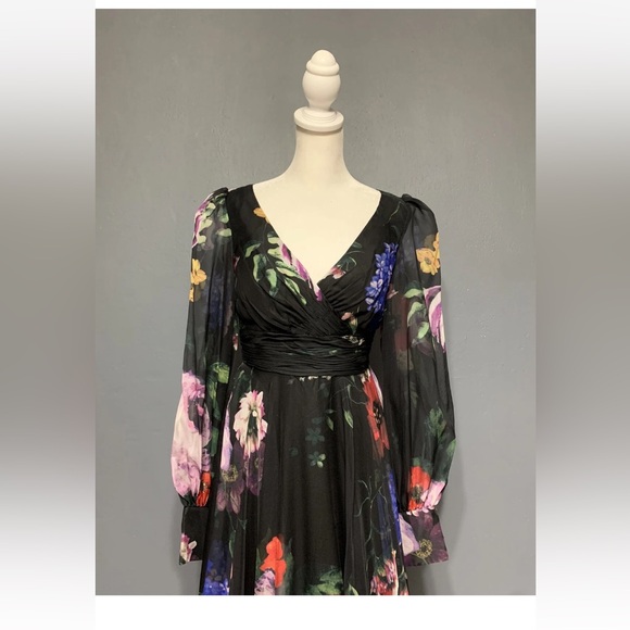 Mac Duggal Sz 2 Black Floral Print Chiffon Long Sleeve Maxi Dress - Picture 4 of 11